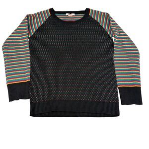 Tulle Womens Rainbow Striped Heart Knit Raglan Sweater Black Crew Neck‎ Medium